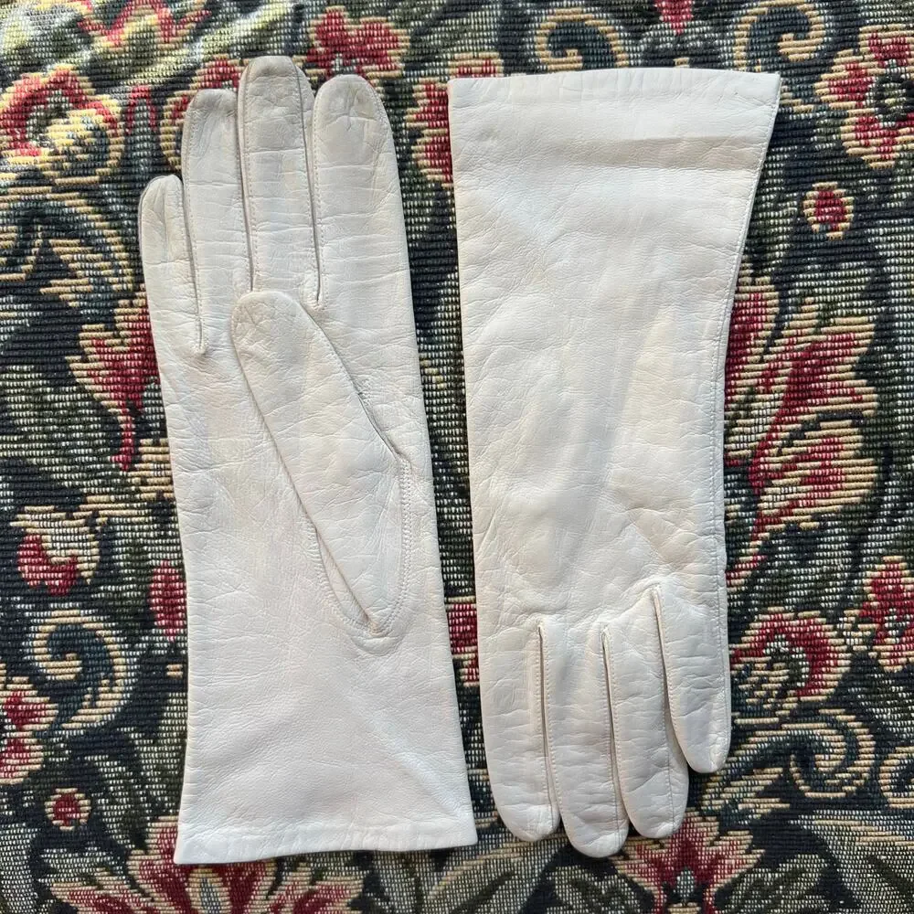 Vintage 80s Millay White Leather Gloves Silk Lined Made in Western Germany 7